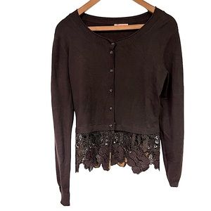 Tiramisu‎ Brown Button Front Cardigan Sweater with Lace Bottom Hem S/M